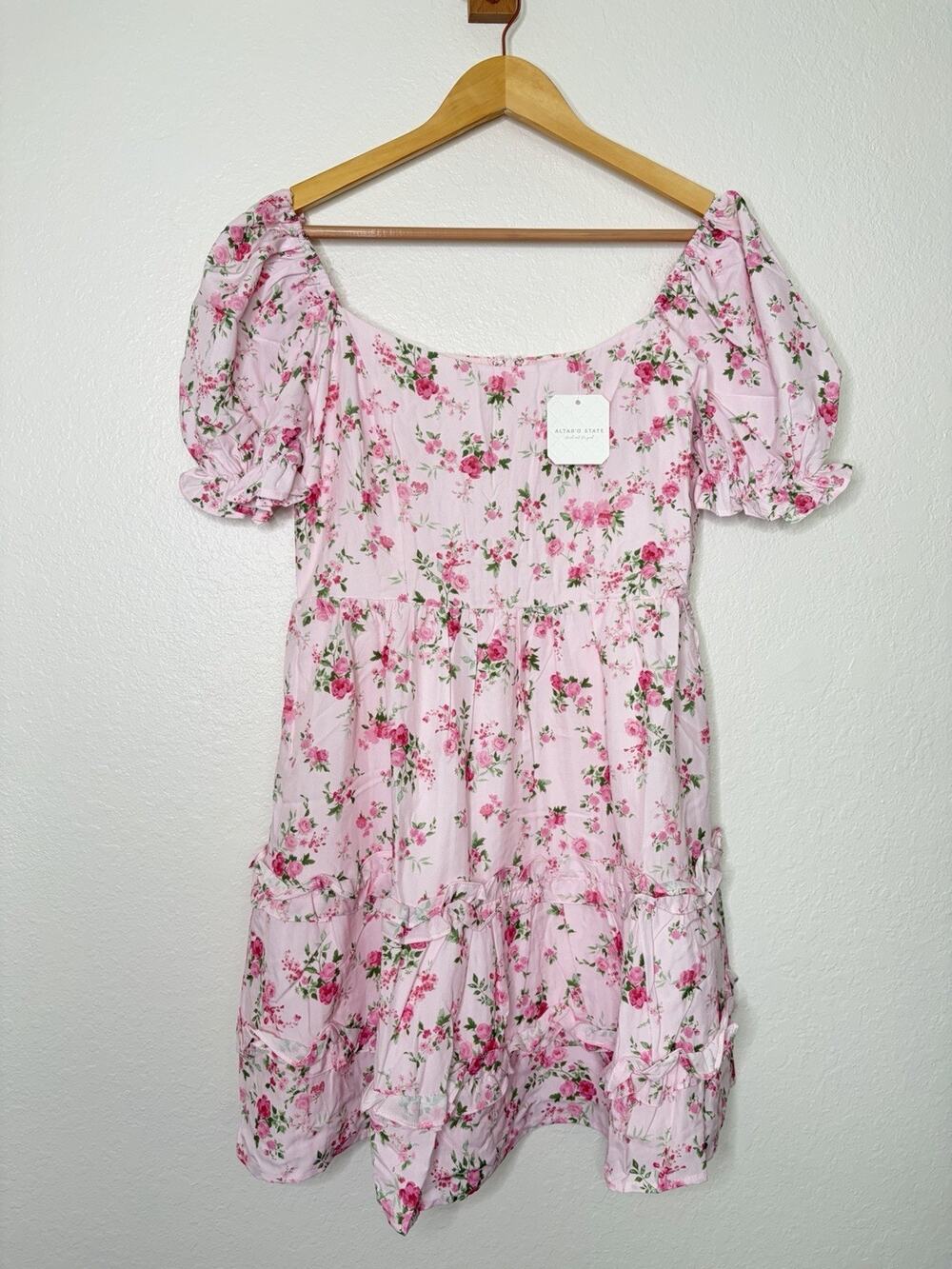 NWT Altar’d State Pink Floral Square Neck Mini Dress Size Medium Cottagecore